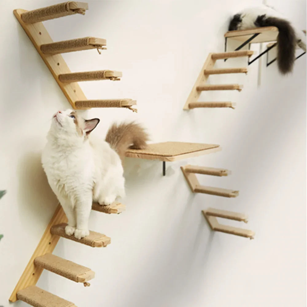 1 Piece Cat Wall Mounted Shelves Climbing Ladder Steps and Jumping Platform with Scratching Post for Grinding Claw and Playing