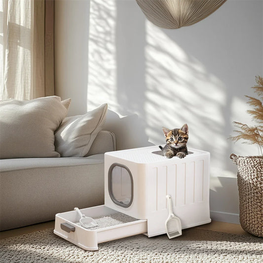 Cat Litter Tray Box: Foldable Top Entry Extra Large Cats Toilet with Lid Kitten Litter Tray Easy Cleaning Drawer Design