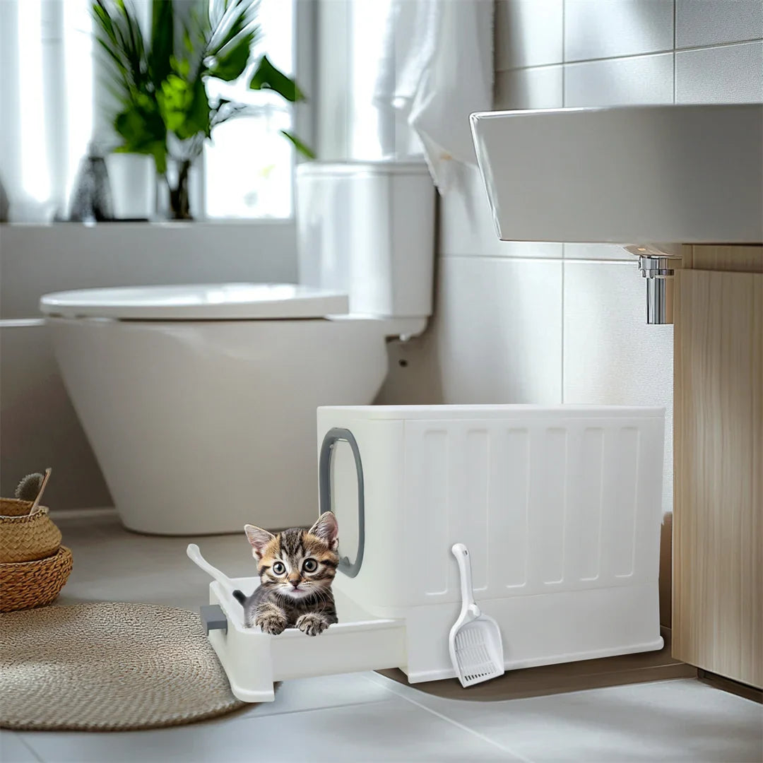 Cat Litter Tray Box: Foldable Top Entry Extra Large Cats Toilet with Lid Kitten Litter Tray Easy Cleaning Drawer Design