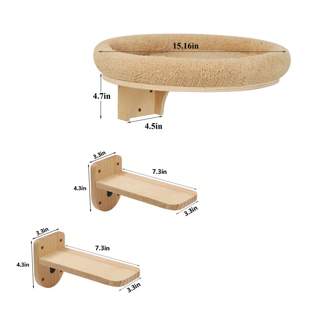 Cat Wall Mounted Solid Wooden Furniture Climbing Ladder and Cat Hammock with Scratching Post for Activity Indoor Cats Perches