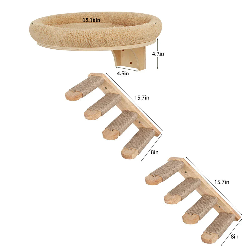 Cat Wall Mounted Solid Wooden Furniture Climbing Ladder and Cat Hammock with Scratching Post for Activity Indoor Cats Perches