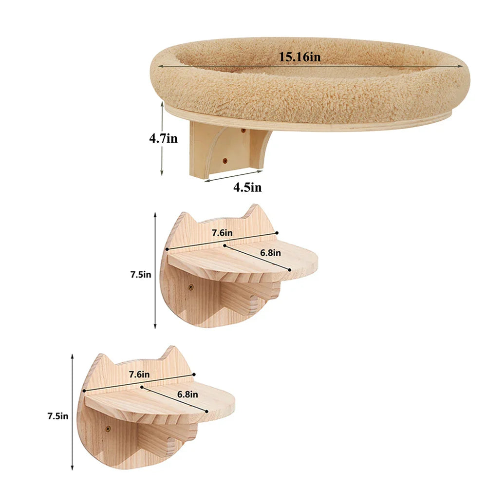 Cat Wall Mounted Solid Wooden Furniture Climbing Ladder and Cat Hammock with Scratching Post for Activity Indoor Cats Perches