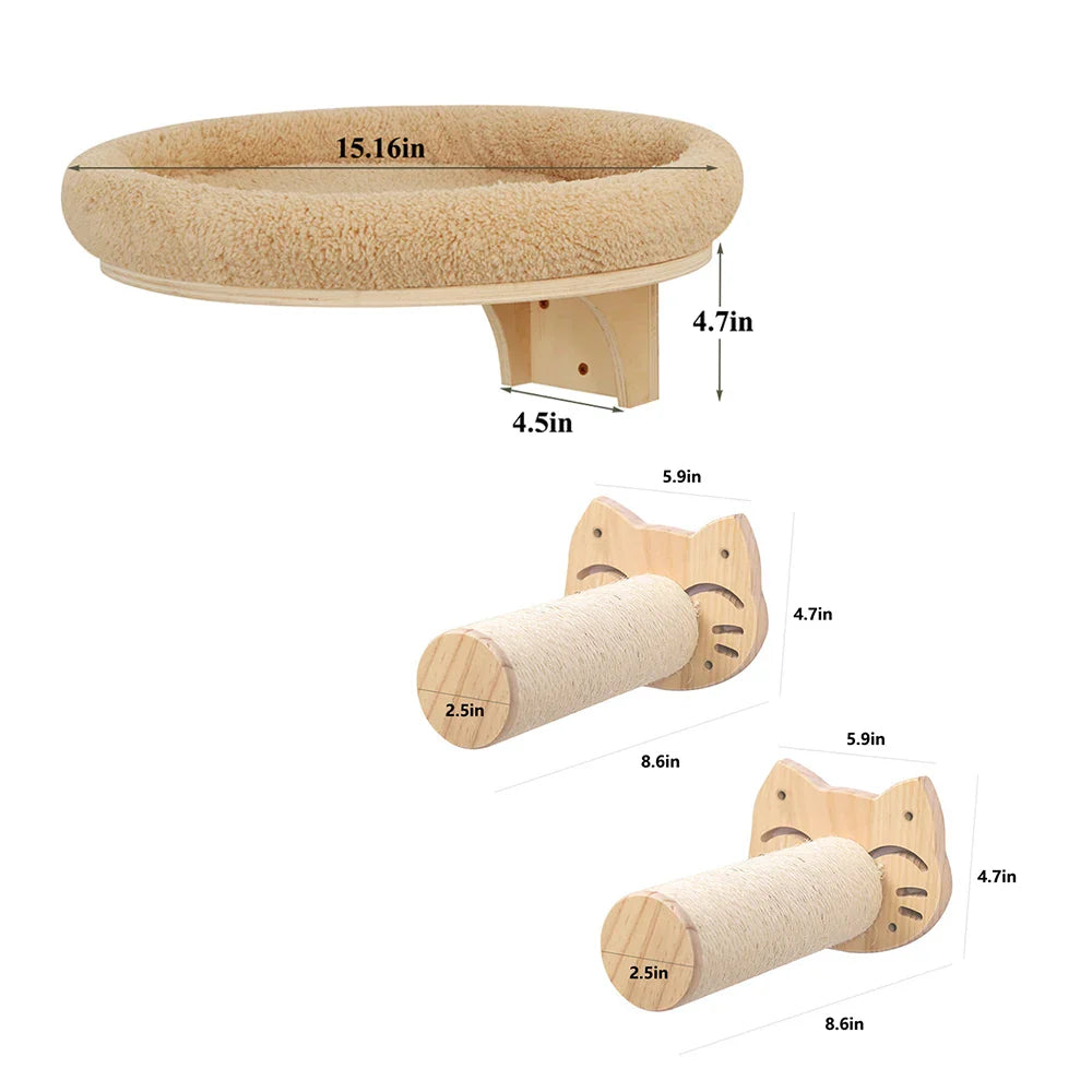 Cat Wall Mounted Solid Wooden Furniture Climbing Ladder and Cat Hammock with Scratching Post for Activity Indoor Cats Perches