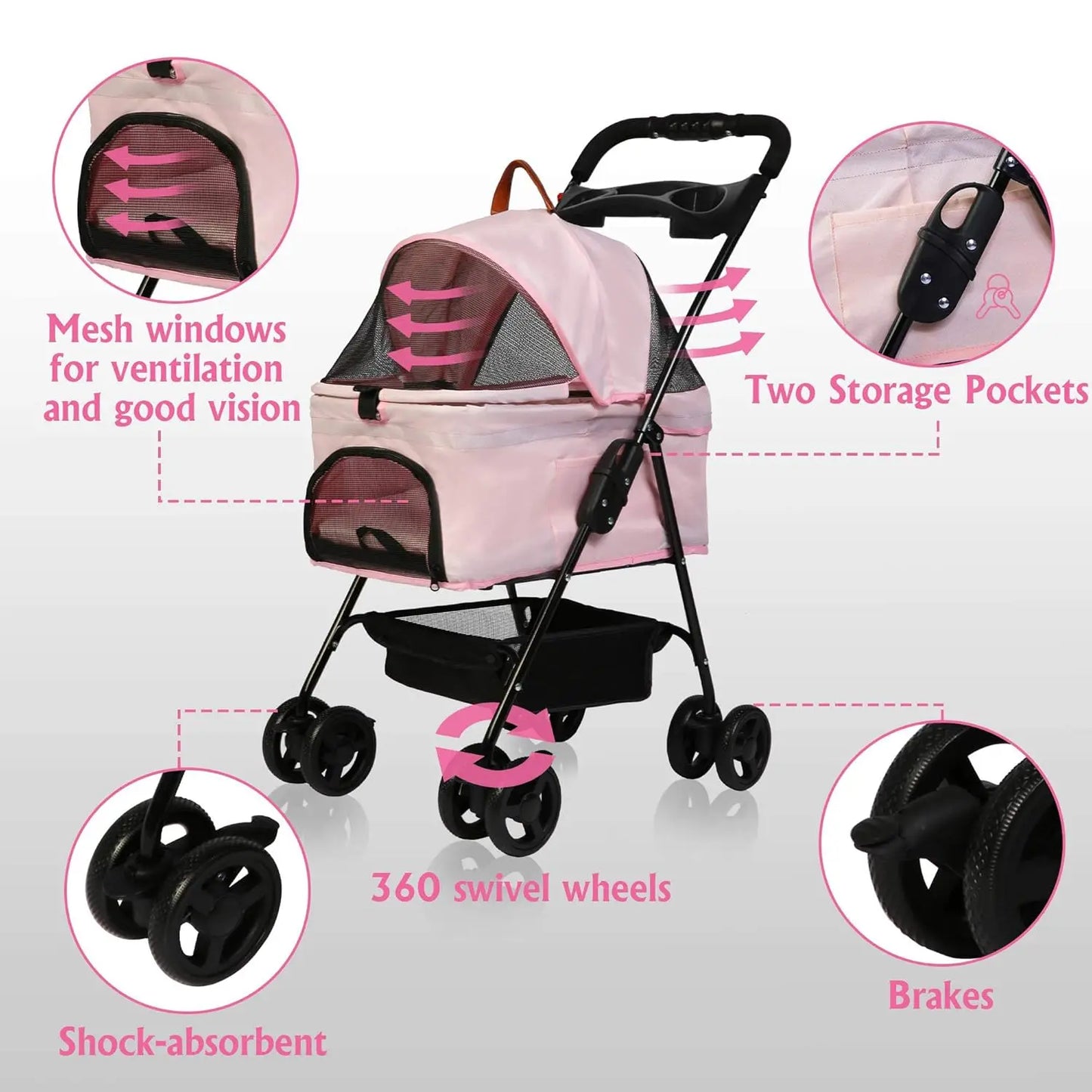 Dog Stroller, Cat Stroller, Pet Stroller for Small Dogs Cats,Folding Carrier Portable, with Cup Holder,Easy to Walk Travel Pink