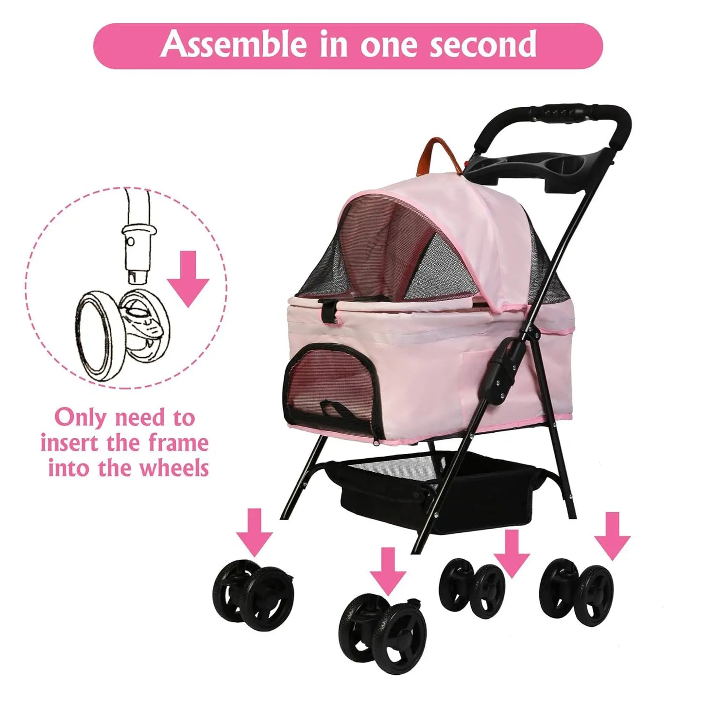 Dog Stroller, Cat Stroller, Pet Stroller for Small Dogs Cats,Folding Carrier Portable, with Cup Holder,Easy to Walk Travel Pink