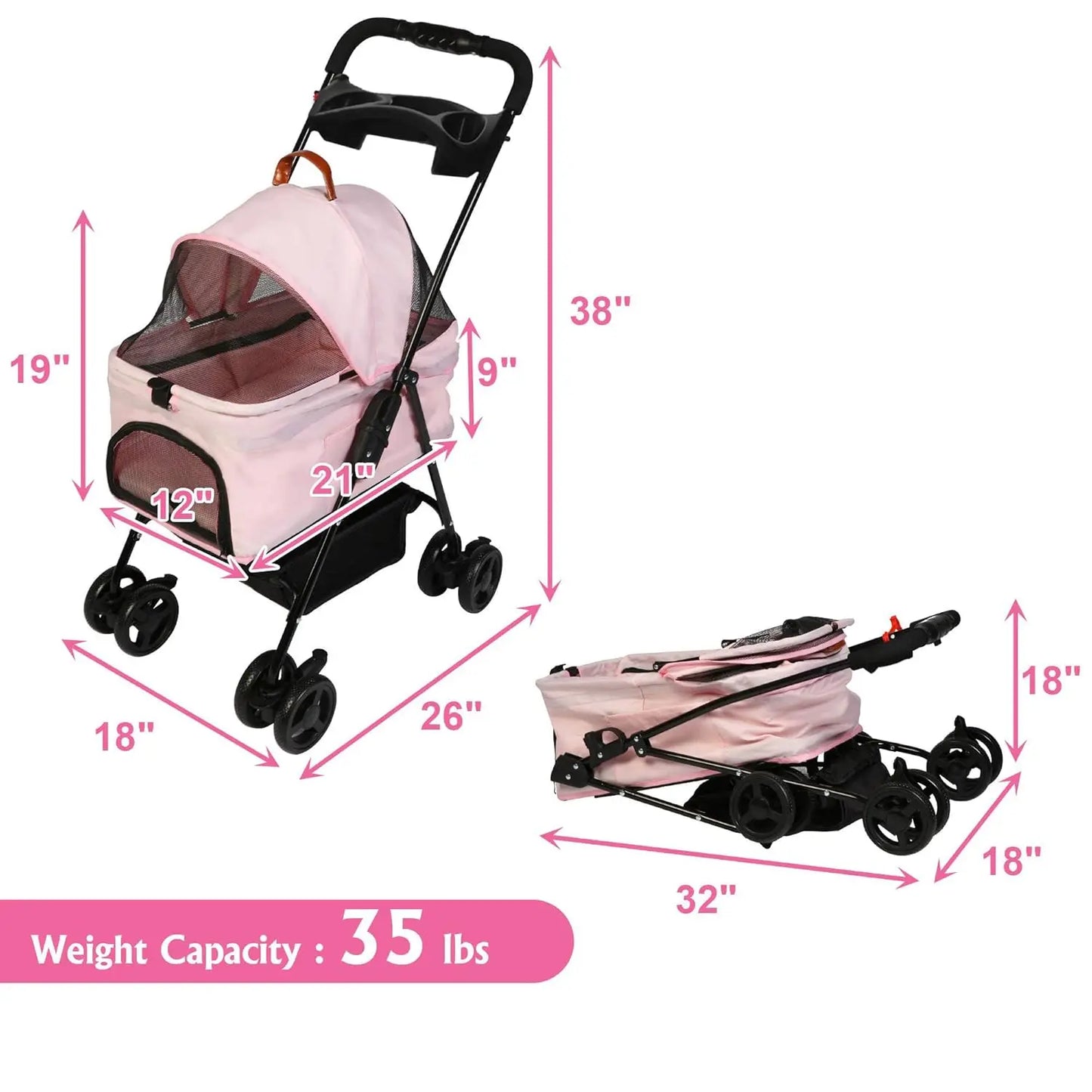 Dog Stroller, Cat Stroller, Pet Stroller for Small Dogs Cats,Folding Carrier Portable, with Cup Holder,Easy to Walk Travel Pink