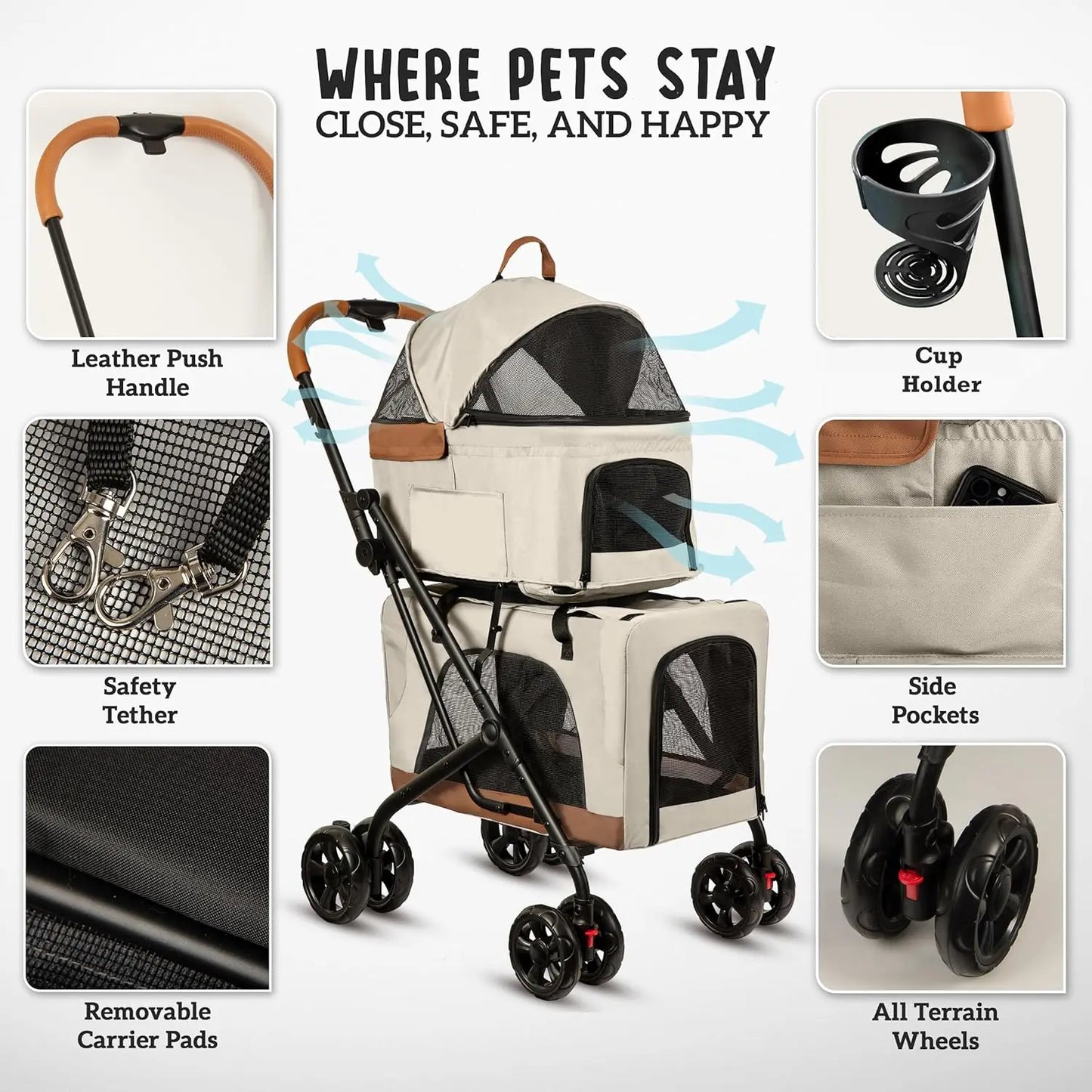 Double Pet Stroller With Detachable Carriers - Ideal For 2 Dogs Or Cats - Compact & Convenient Design - Easy Assembly Double