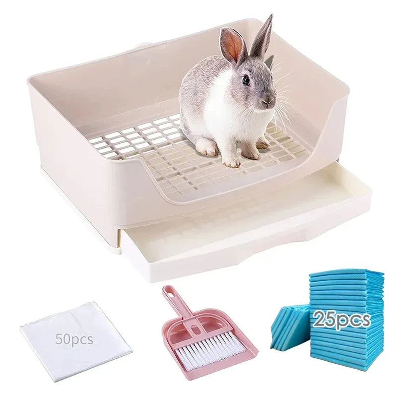 Extra Large Rabbit Litter Box Bunny Toilet with Drawer 50 Pet Toilet Film 25 Toilet Training Pad Cleaning Set Small Pet Box Pan