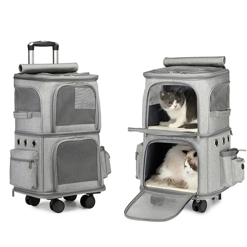 Pet Cat Backpack Double layer Pet Trolley Bag Can Hold Two Cat Stroller Bags Folding Dog Transporter Carrier Cat Outdoor Travel