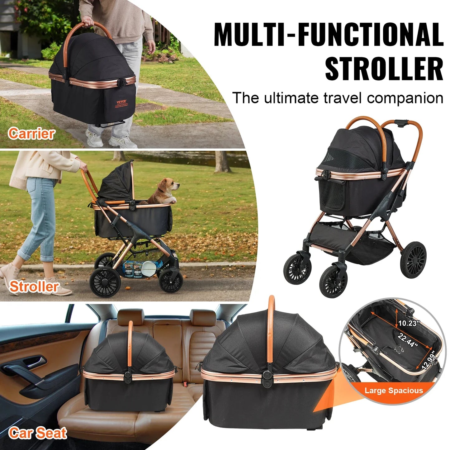 66 lbs Pet Stroller Foldable Dog Puppy Stroller with Brakes Storage Basket Detachable Carrier for Small to Medium Dogs