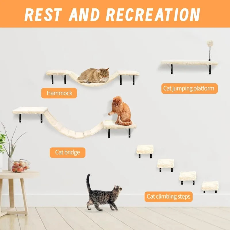 Wall-Mounted Cat Climber Set with Climbing Shelves, Perches, Bridge,Hammock,Scratching Board & Ball - 7 Pcs Wood Indoor