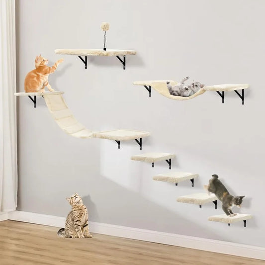 Wall-Mounted Cat Climber Set with Climbing Shelves, Perches, Bridge,Hammock,Scratching Board & Ball - 7 Pcs Wood Indoor