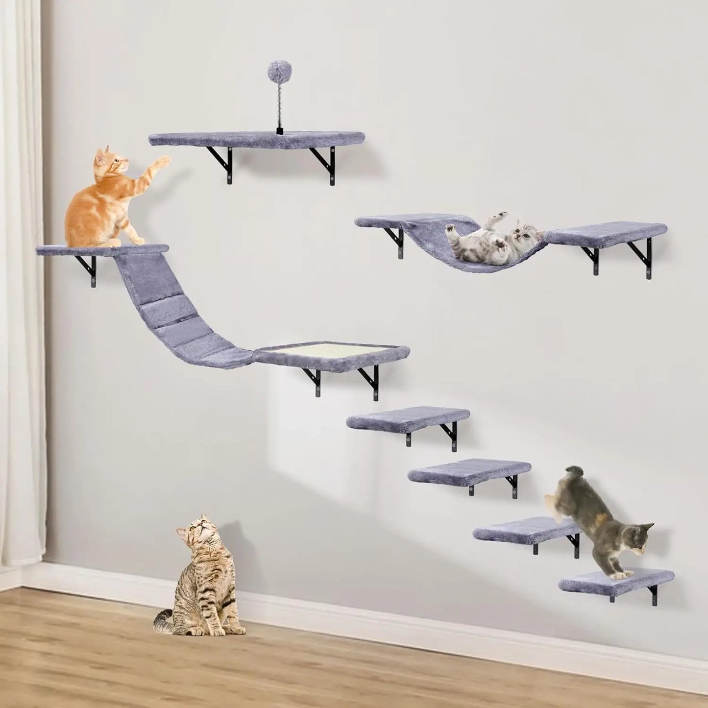 Wall-Mounted Cat Climber Set with Climbing Shelves, Perches, Bridge,Hammock,Scratching Board & Ball - 7 Pcs Wood Indoor