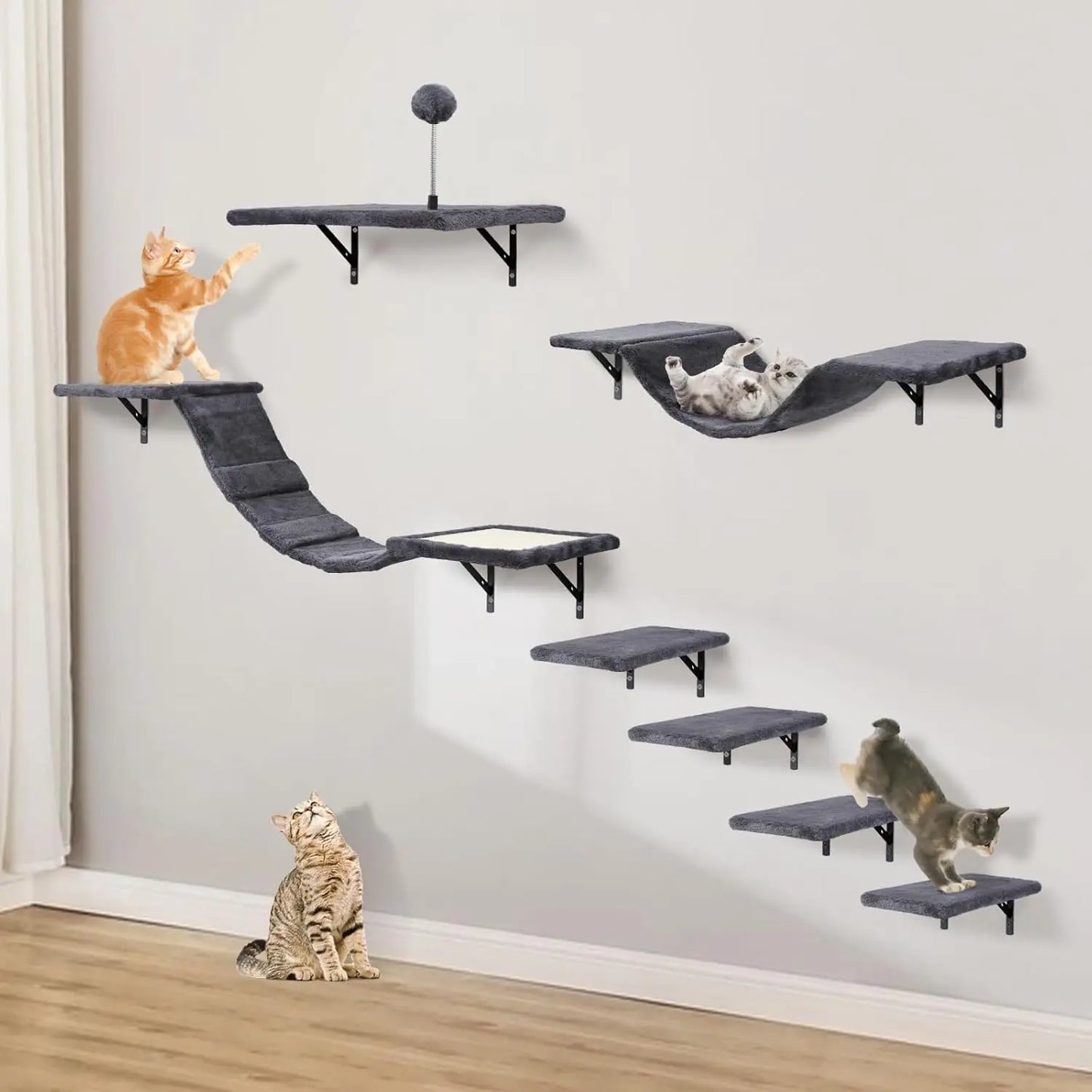 Wall-Mounted Cat Climber Set with Climbing Shelves, Perches, Bridge,Hammock,Scratching Board & Ball - 7 Pcs Wood Indoor